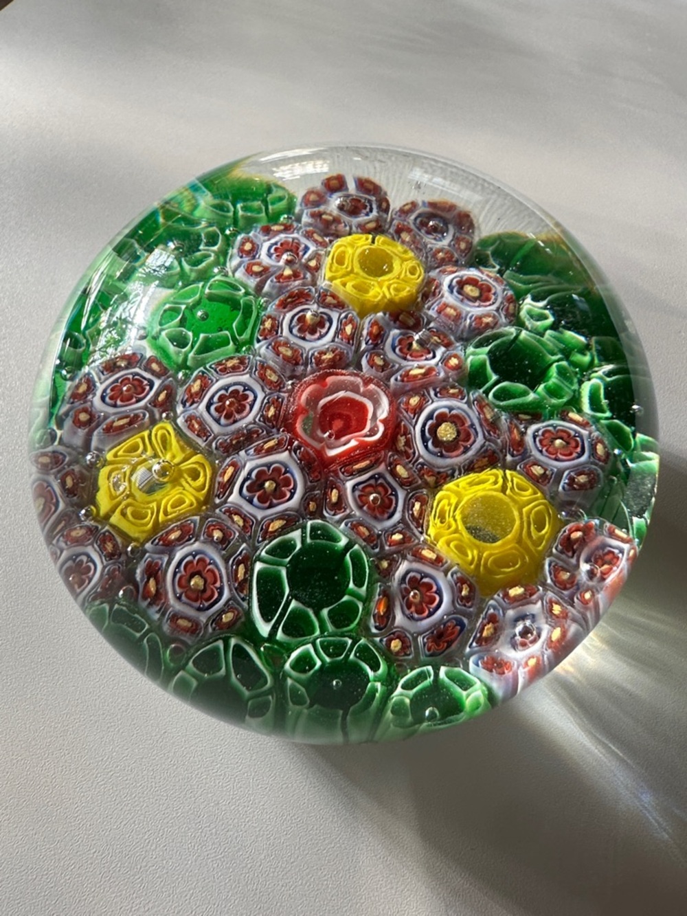 Colorful Millefiori Glass Paperweight - Green, Yellow, Red